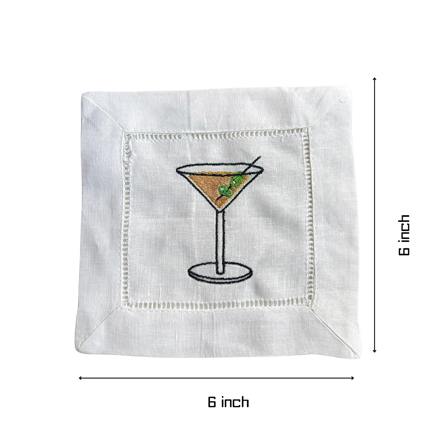Cocktail-Themed Embroidered Linen Cocktail Napkin – Handmade White Linen Napkin for Parties & Home Bar Décor