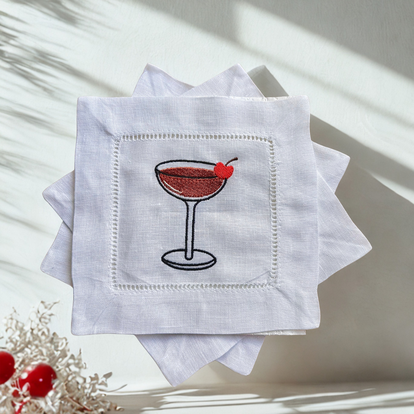 Cocktail-Themed Embroidered Linen Cocktail Napkin – Handmade White Linen Napkin for Parties & Home Bar Décor