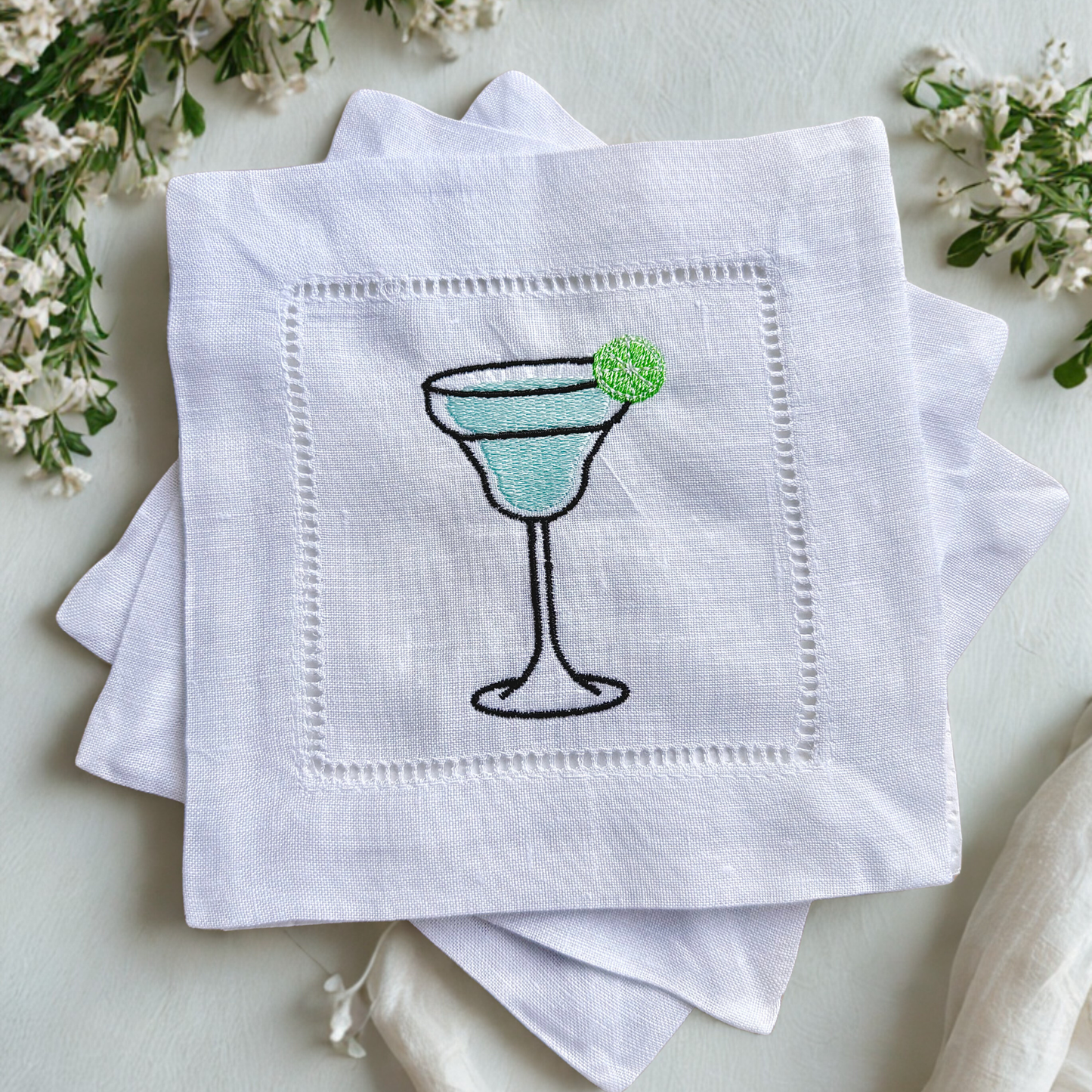 Cocktail-Themed Embroidered Linen Cocktail Napkin – Handmade White Linen Napkin for Parties & Home Bar Décor