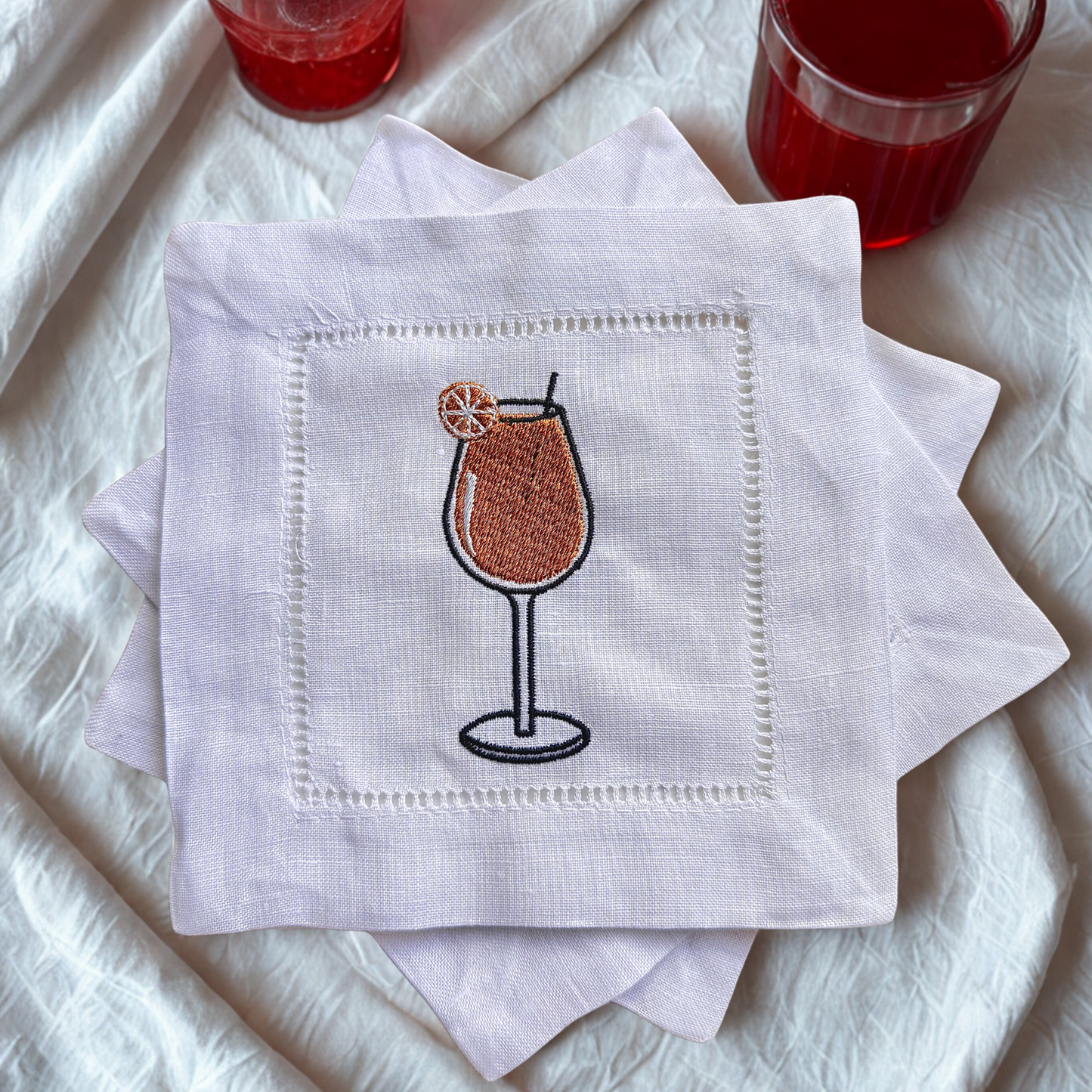Cocktail-Themed Embroidered Linen Cocktail Napkin – Handmade White Linen Napkin for Parties & Home Bar Décor
