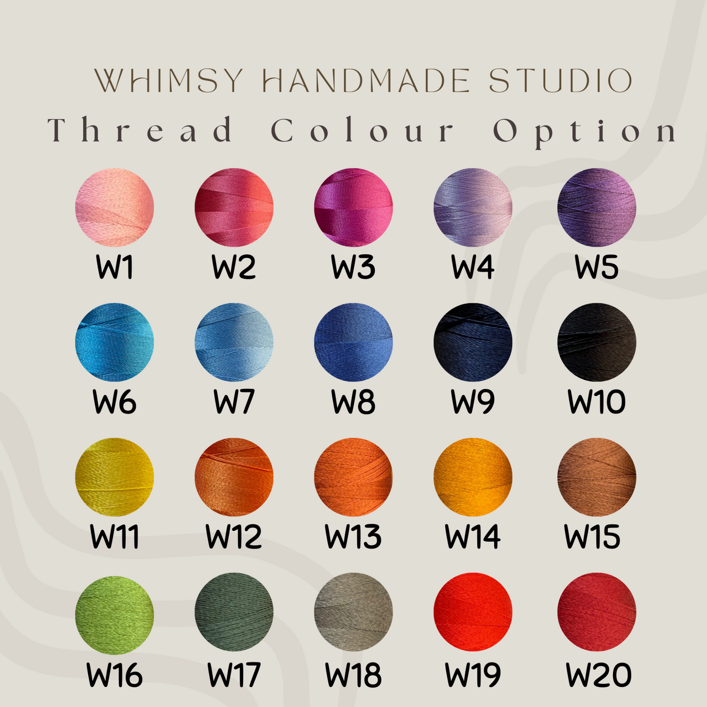 Whimsy Handmade Studio embroidery thread colour chart showing 20 thread options (W1–W20) in shades of pink, red, purple, blue, black, yellow, orange, brown, green, grey, and neutral tones for personalized embroidered name tags and custom handmade gifts.
