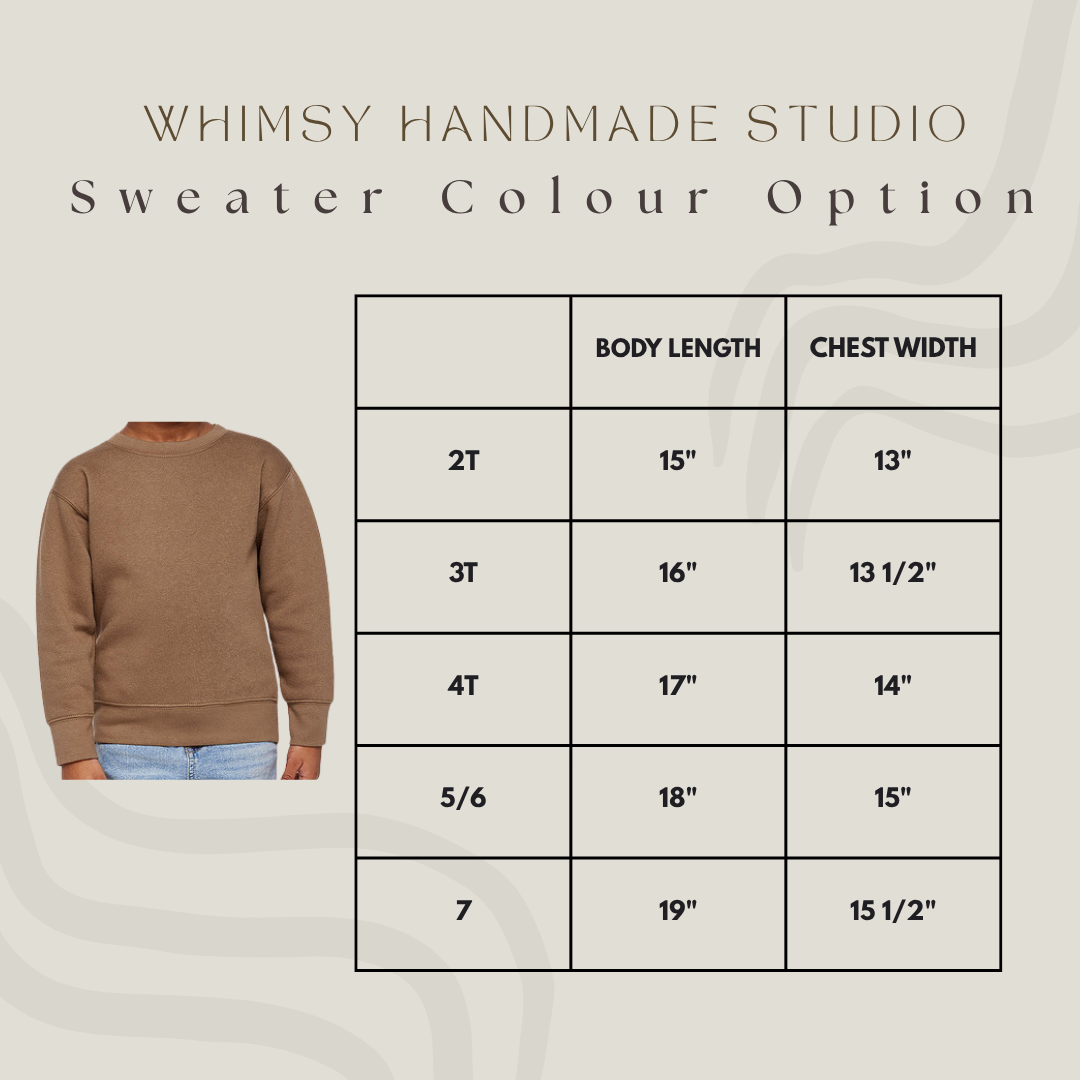 Measurement chart for children's sweaters by Whimsy Handmade Studio on a light gray background.