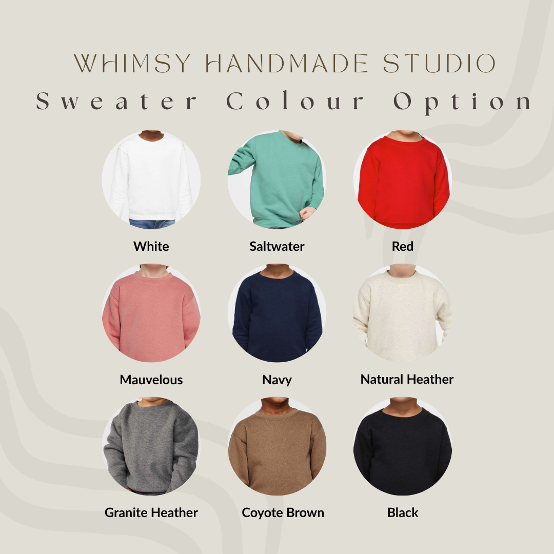Color swatches of sweaters with labels for Whimsy Handmade Studio.