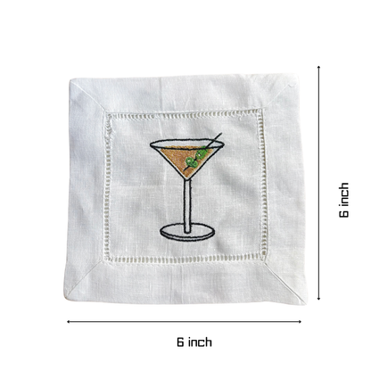 Cocktail-Themed Embroidered Linen Cocktail Napkin – Handmade White Linen Napkin for Parties & Home Bar Décor