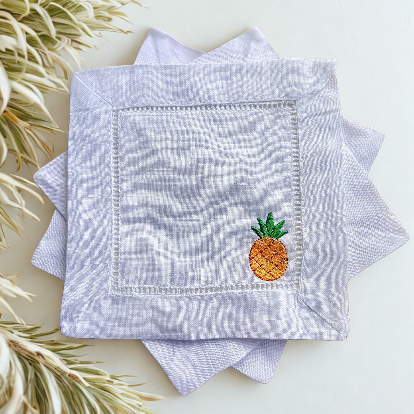 Embroidered Fruit Linen Cocktail Napkin – Elegant Reusable Linen Napkin for Home Bar & Gatherings