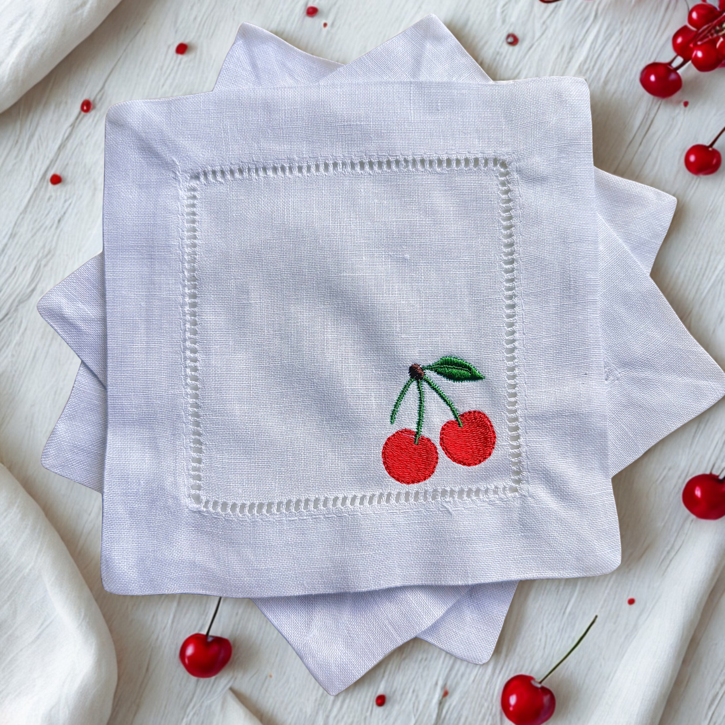 Embroidered Fruit Linen Cocktail Napkin – Elegant Reusable Linen Napkin for Home Bar & Gatherings