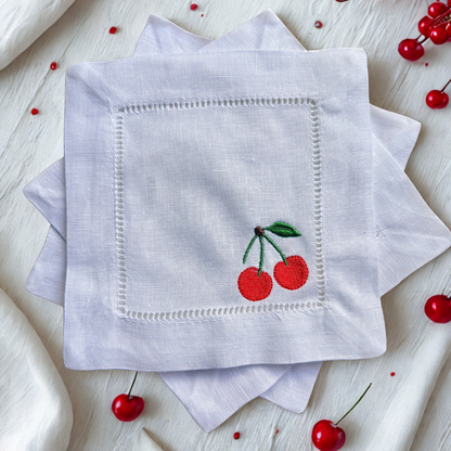 Embroidered Fruit Linen Cocktail Napkin – Elegant Reusable Linen Napkin for Home Bar & Gatherings