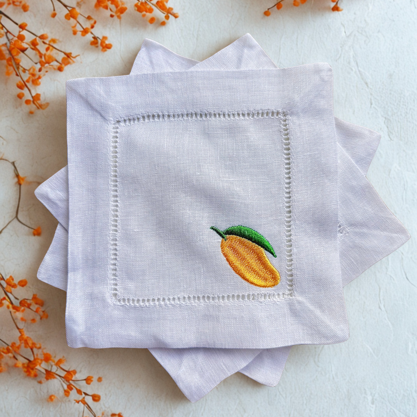 Embroidered Fruit Linen Cocktail Napkin – Elegant Reusable Linen Napkin for Home Bar & Gatherings