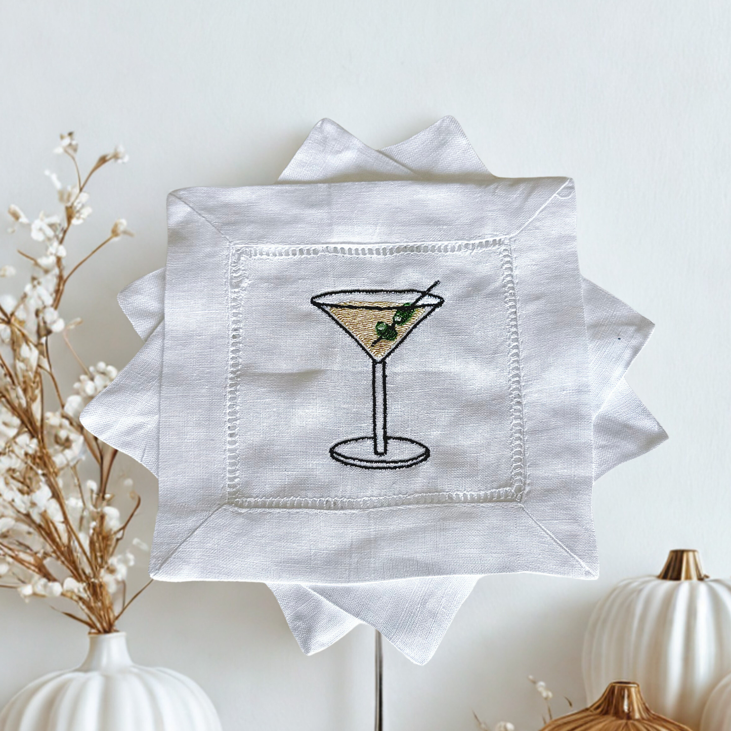 Cocktail-Themed Embroidered Linen Cocktail Napkin – Handmade White Linen Napkin for Parties & Home Bar Décor