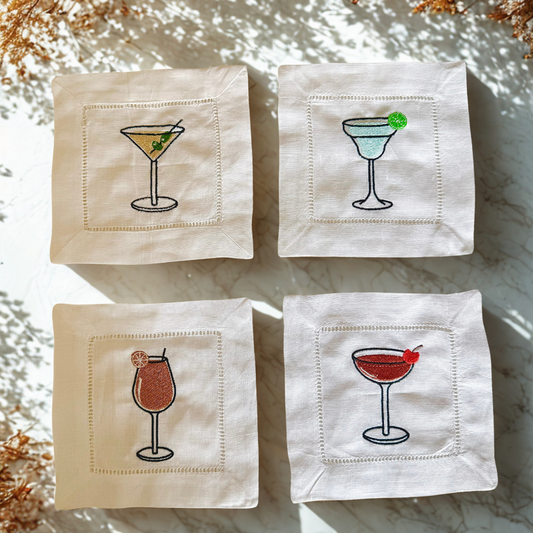 Cocktail-Themed Embroidered Linen Cocktail Napkin – Handmade White Linen Napkin for Parties & Home Bar Décor
