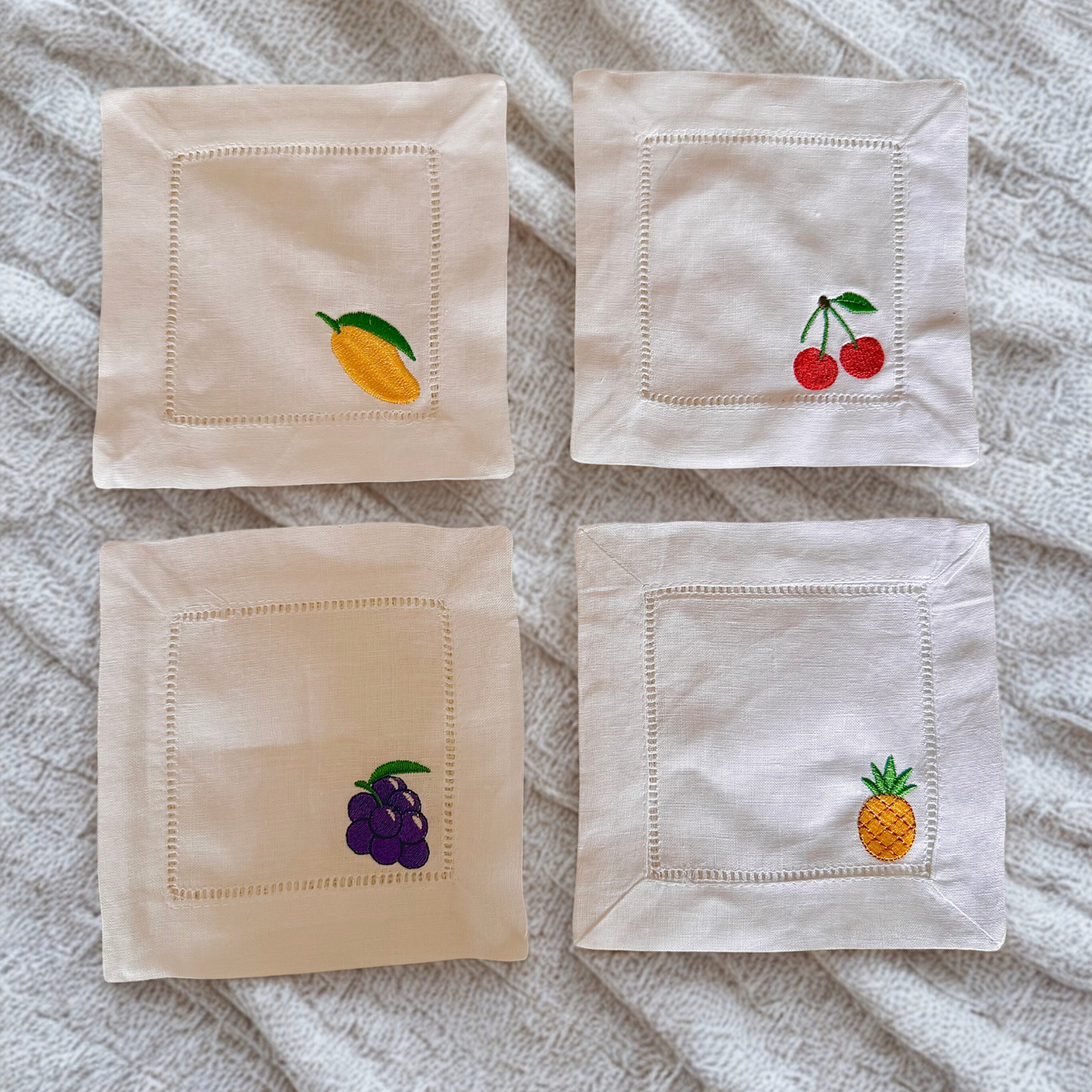 Embroidered Fruit Linen Cocktail Napkin – Elegant Reusable Linen Napkin for Home Bar & Gatherings