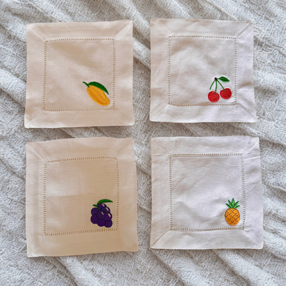 Embroidered Fruit Linen Cocktail Napkin – Elegant Reusable Linen Napkin for Home Bar & Gatherings