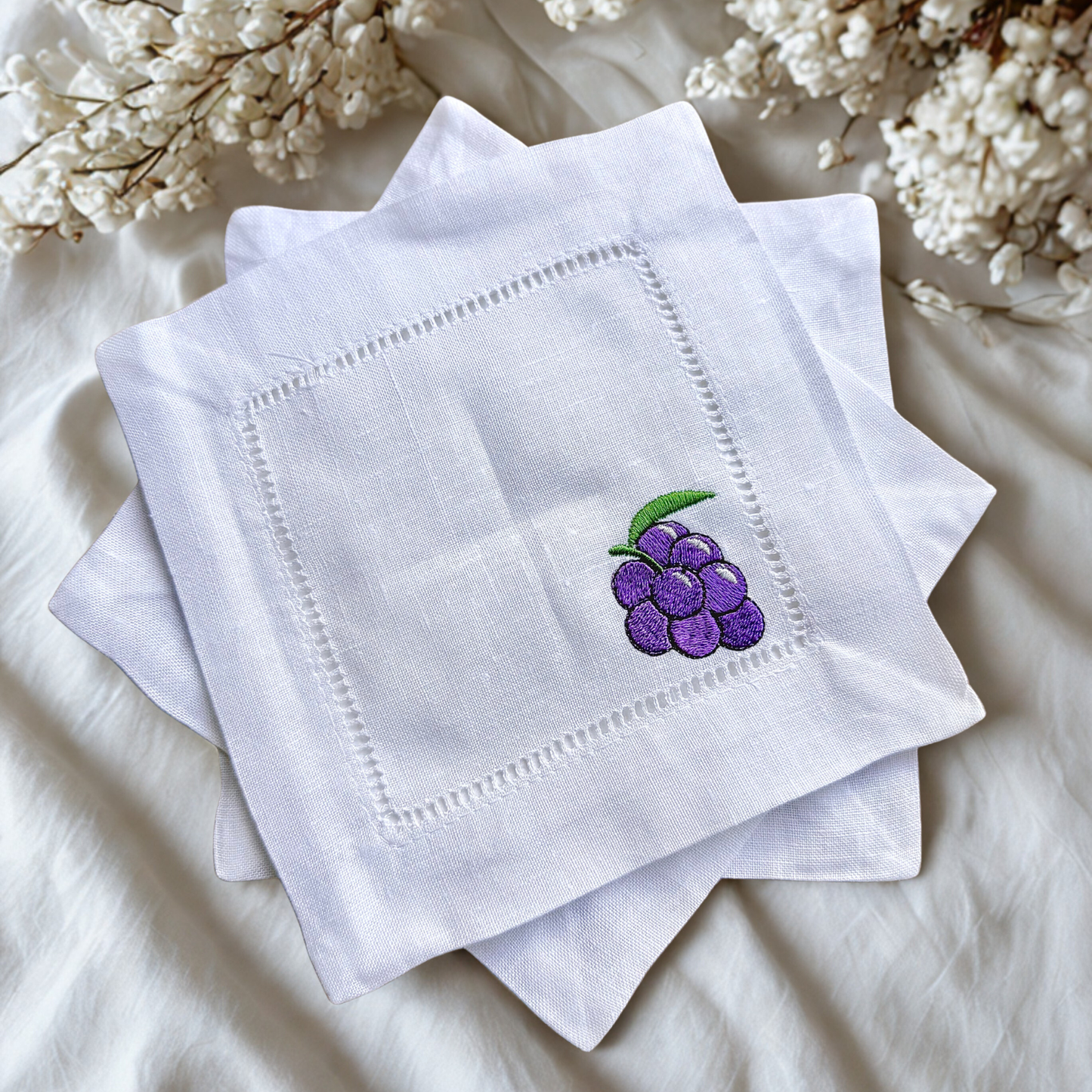 Embroidered Fruit Linen Cocktail Napkin – Elegant Reusable Linen Napkin for Home Bar & Gatherings
