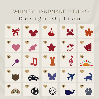 in the design sheet, it includes: bow, mickey house head, cheery, crab, flower, heart, candy, star, strawberry, watermelon, heart, music sign, bunny, music sign 2, lolipop, bear head, car, butterfly, aircraft, dino, rainbow, ball, smiley face, whale, and dog paw, rainbow.