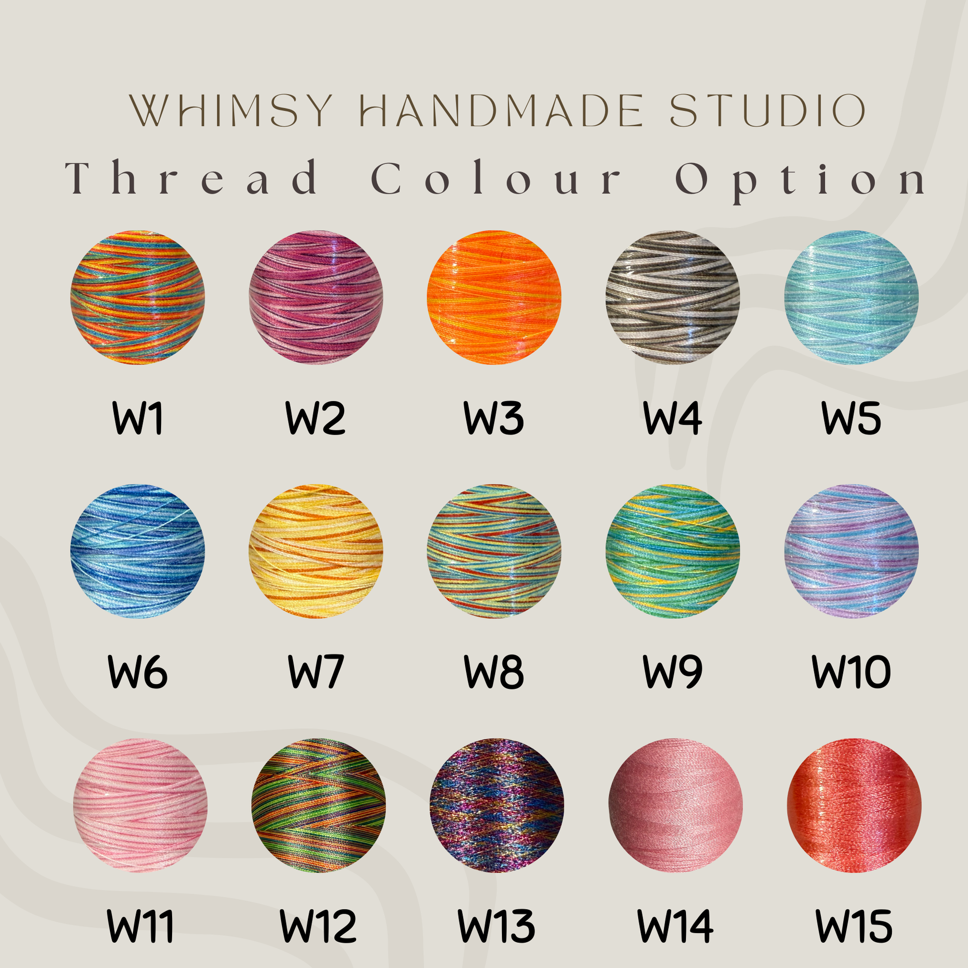 Color swatches for thread options with 'Whimsy Handmade Studio' branding.