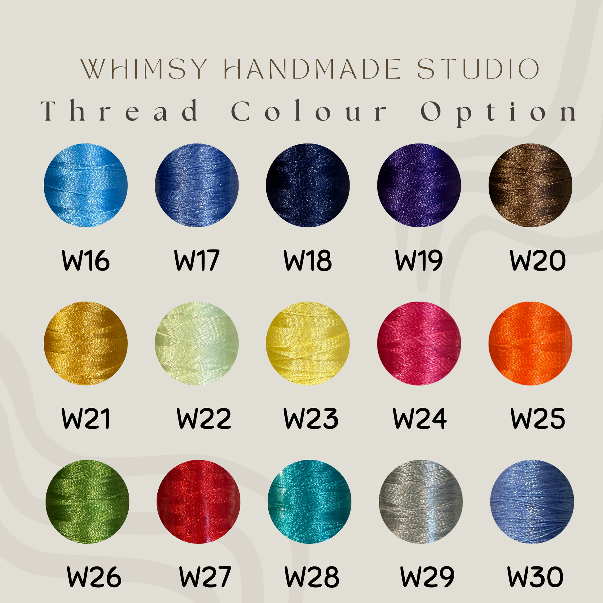Color swatches from Whimsy Handmade Studio with thread color options labeled W16 to W30 on a light background.