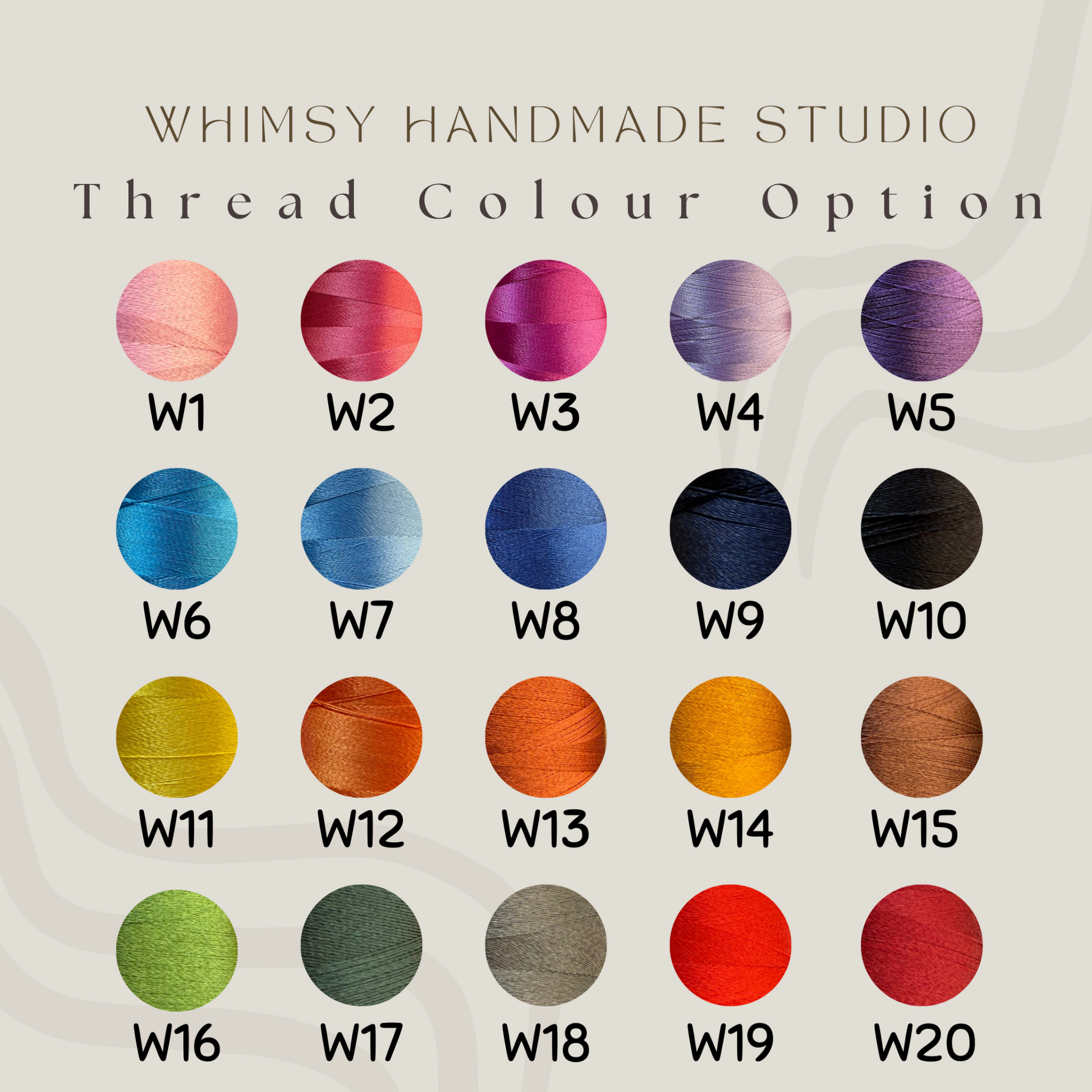 Whimsy Handmade Studio embroidery thread colour chart showing 20 thread options (W1–W20) in shades of pink, red, purple, blue, black, yellow, orange, brown, green, grey, and neutral tones for personalized embroidered name tags and custom handmade gifts.