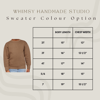Measurement chart for children's sweaters by Whimsy Handmade Studio on a light gray background.
