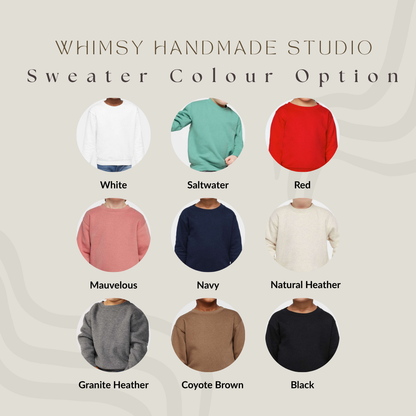 Color swatches of sweaters with labels for Whimsy Handmade Studio.